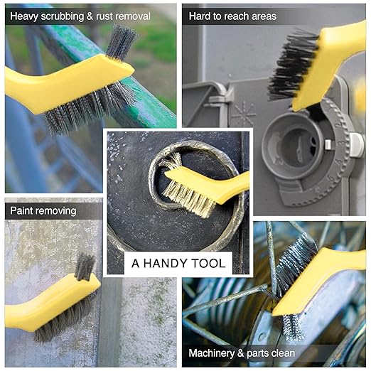 Wire Brush Set 3Pcs - Nylon/Brass/Stainless Steel Bristles with Curved Handle Grip for Rust, Dirt & Paint Scrubbing with Deep Cleaning – 7 Inches (Yellow)