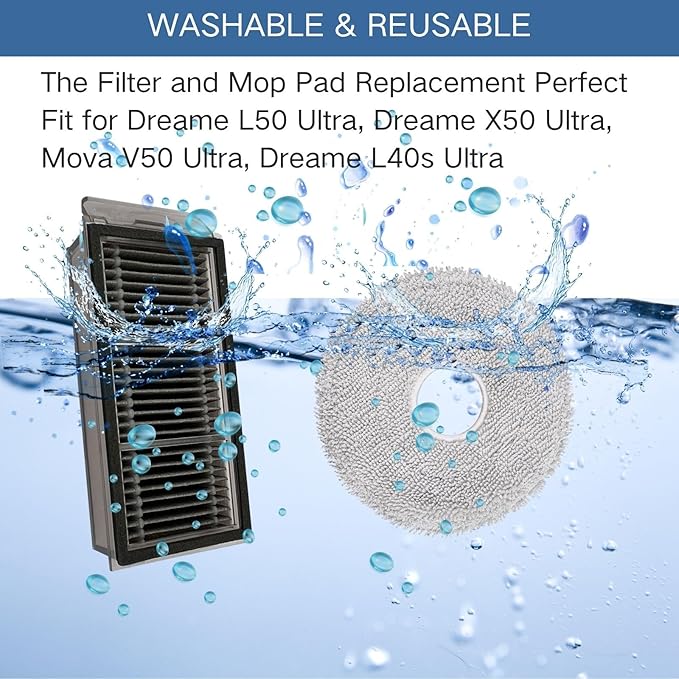Robot Vacuum Replacement Accessories Kit Compatible with Dreame L50 Ultra, Dreame X50 Ultra, Mova V50 Ultra, Dreame L40s Ultra - 8 Mop Pad,7 Dust Bag,6 Side Brush,6 Filter,2 Detangling Dual Main Brush