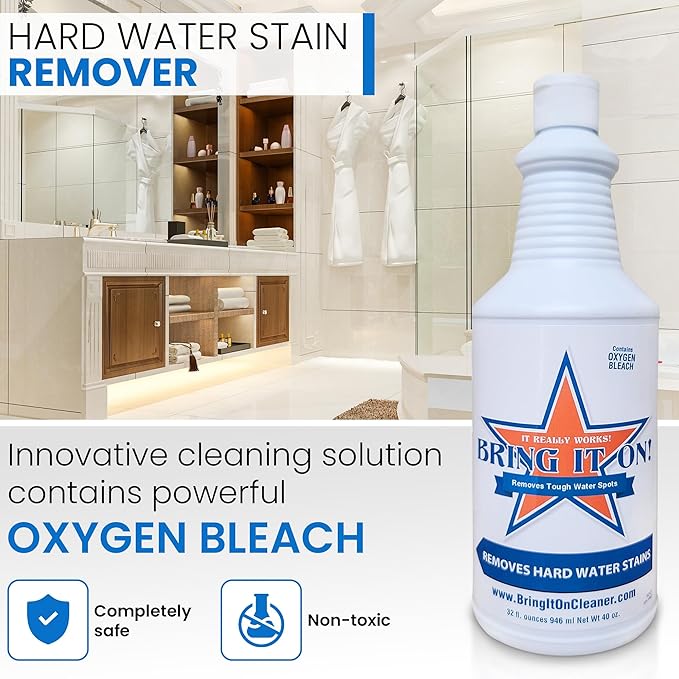 BRING IT ON! CLEANER Hard Water Stain Remover for Glass, Soap Scum remover for Shower glass, Fiberglass, Windows, Tile & Grout, Water Spot Remover for Bathroom, Lime Scale & Sink 32Oz 2Pack