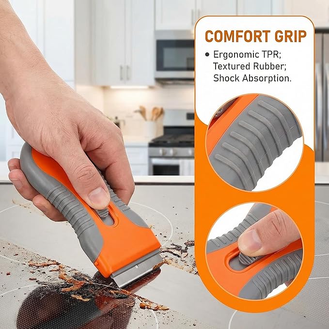 Razor Blade Scraper Tool 2 Pack with 20 Extra Blades - Retractable Glass Scraper with Safety Lock and Non-Slip Grip for Removing Stickers Labels Paint Caulk from Windows Cooktop Glass Floors Surfaces