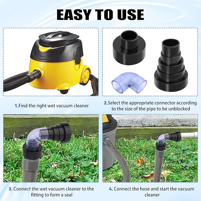 AC Drain Line Cleaner Tool with PVC Adapter kit, for Vacuum Hose 1-1/4", 1-7/8", 2-1/2" and Pipe Sizes 3/4", 1", 1-1/4", 1-1/2", 2