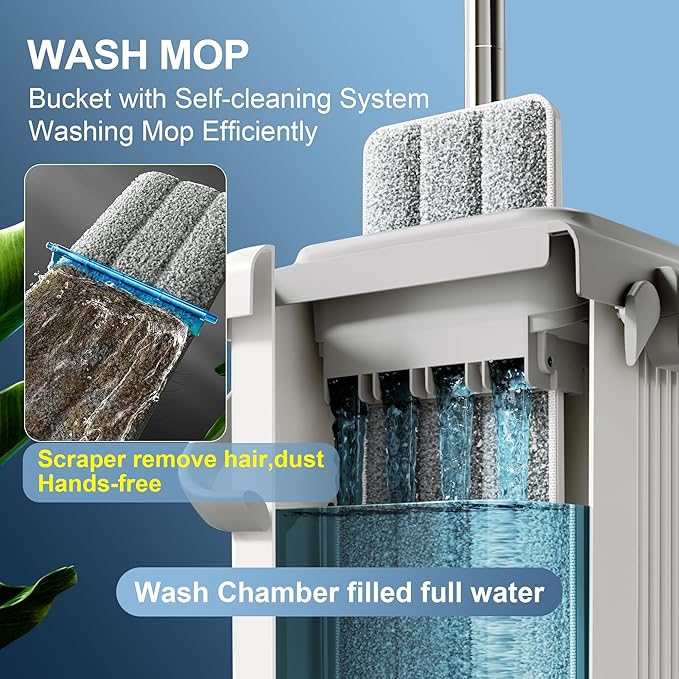 JOYMOOP Mop and Bucket Set – Hands-Free Flat Floor Mop for Household and Commercial Use, with 3 Washable Microfiber Pads, Wet and Dry Cleaning System, Ideal for Home and Office Floors
