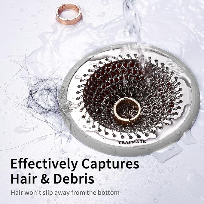 TRAPMATE Shower Drain Hair Catcher, Patented Bathtub Stopper Drain Strainer Kit, Fast Drainage Stainless Steel Shower Drain Cover for US Standard Flat Drains of Bathroom and Shower Room