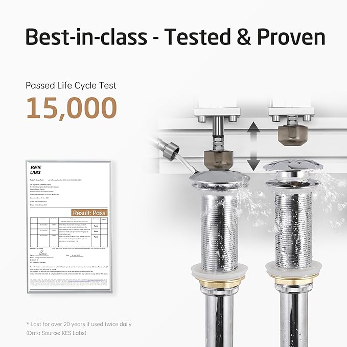 KES Polished Chrome Bathroom Sink Drain with Extended Thread, All Metal Pop Up Drain Stopper without Overflow for Thicker Vessel Sinks and Countertops, Brass and Stainless Steel, S2022D-CH