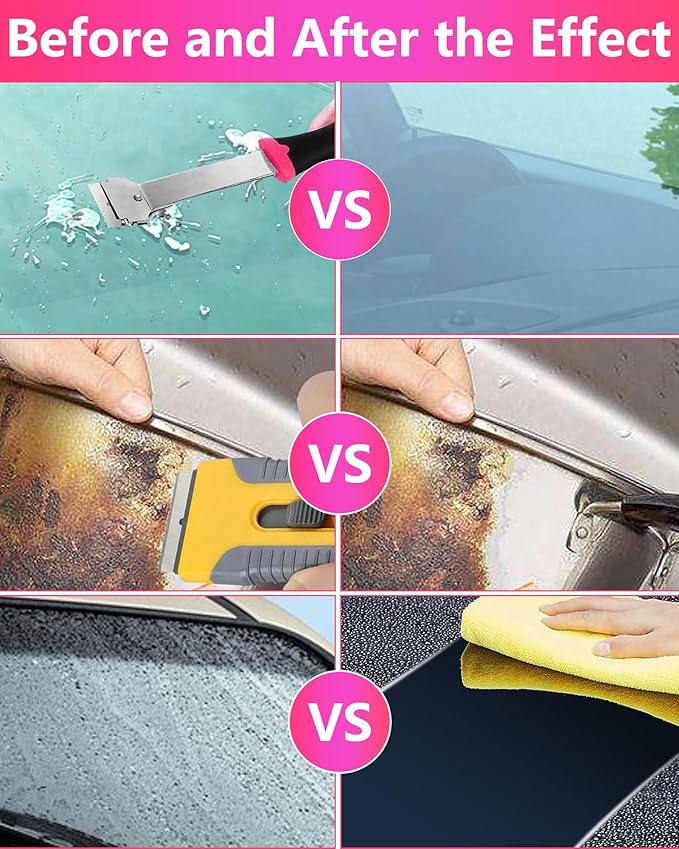 2 Pack Razor Blade Scraper with 10 Plastic and 20 Metal Blades for Removing Paint, Registration Sticker, Grease from Windshield, Glass Top Stove Cooktop Scraper(Pink)