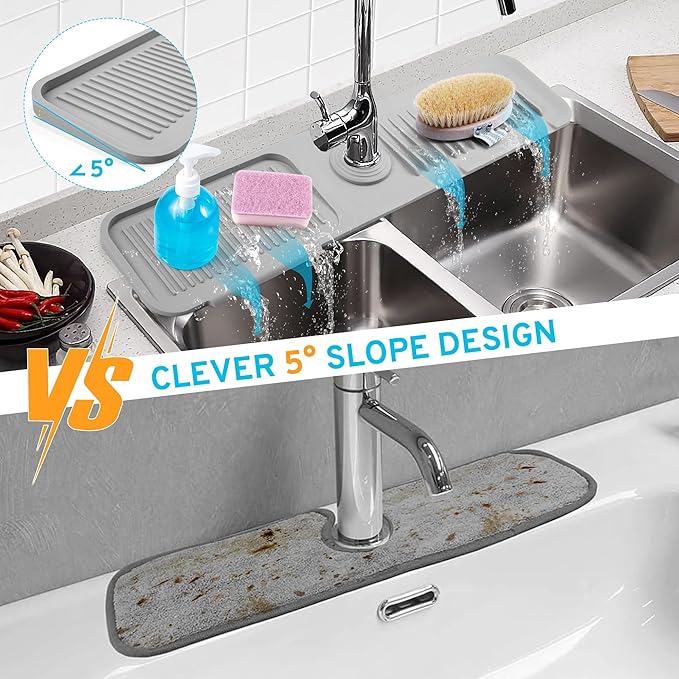 24" Longer Silicone Splash Guard, 5 Slope Design Faucet Water Catcher Mat, Handle Drip Catcher Tray Mat for Kitchen Countertop Bathroom Sink Protectors (Beige White)