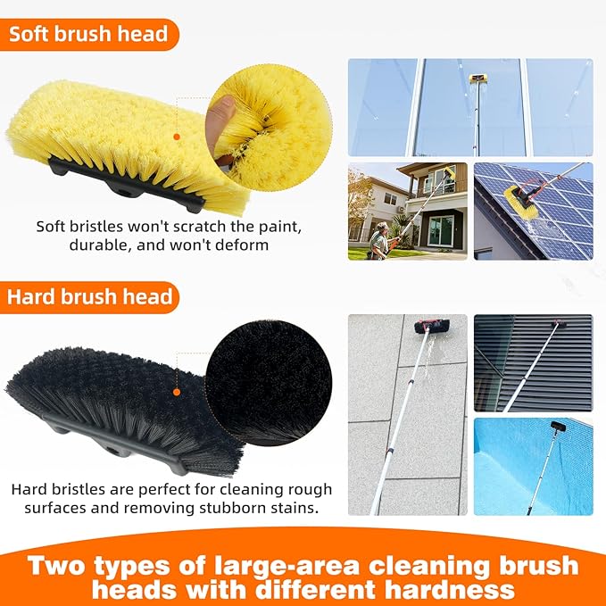 12FT Car Wash Brush with Long Handle, Car Cleaning Brush with 12"Soft Bristle and Hard Bristle, 3-12FT Telescopic Pole with Hose Attachment for Scratch-Free Cleaning Truck,RV,Boat,Siding,Solar Panels