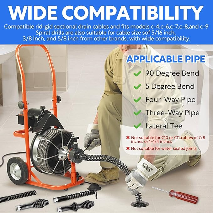 10-Piece Drain Snake Drill Attachment Kit，Drain Auger Cutter Kit,Compatible with K-400,C-4,C-6,C-7,C-8,and C-9 Models， Includes 4 Cutters and 5 Spirals