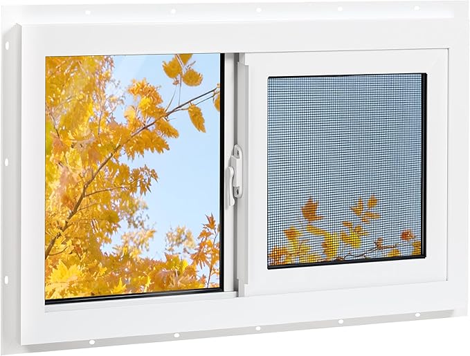 Vinyl Basement Window, 32" x 20" Bathroom Sliding Window with Double Pane Insulated Tempered Glass and Fiberglass Screen for Basement, Bathroom, Shed (White)