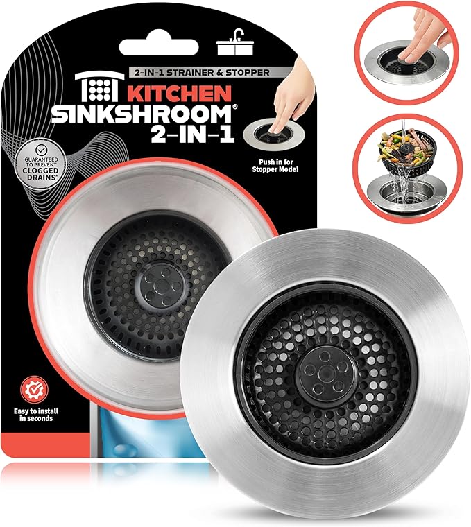 SinkShroom Kitchen Sink Drain Strainer, 2-in-1 Pop-Up Sink Stopper & Strainer with Removable Anti-Clog Basket, 304 Stainless Steel, Fits 3"-3.4" US Standard Drains, Easy Clean Food Catcher