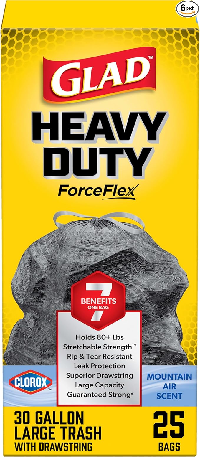 Glad Large 30 Gallon Trash Bags, Clorox Mountain Air Heavy Duty Garbage Bags, Forceflex with Drawstring, 25 Count (Packaging May Vary) (Pack of 6)