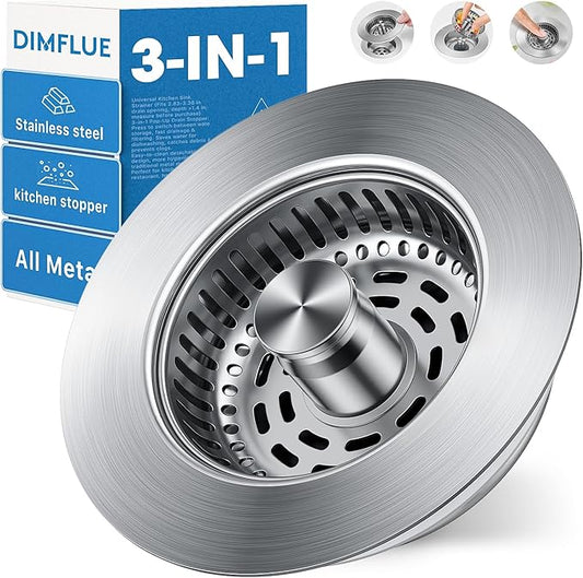 1S-Install Upgraded Kitchen Sink Strainer & Stopper – Pop-Up Fast Drain, Anti-Clog Basket & Deodorizing Cover – Fits US Standard 3.5 in Drain, 3 in 1 Stainless Steel Sink Drain Strainer (Snow)