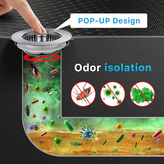 1S-Install Upgraded Kitchen Sink Strainer & Stopper – Pop-Up Fast Drain, Anti-Clog Basket & Deodorizing Cover – Fits US Standard 3.5 in Drain, 3 in 1 Stainless Steel Sink Drain Strainer