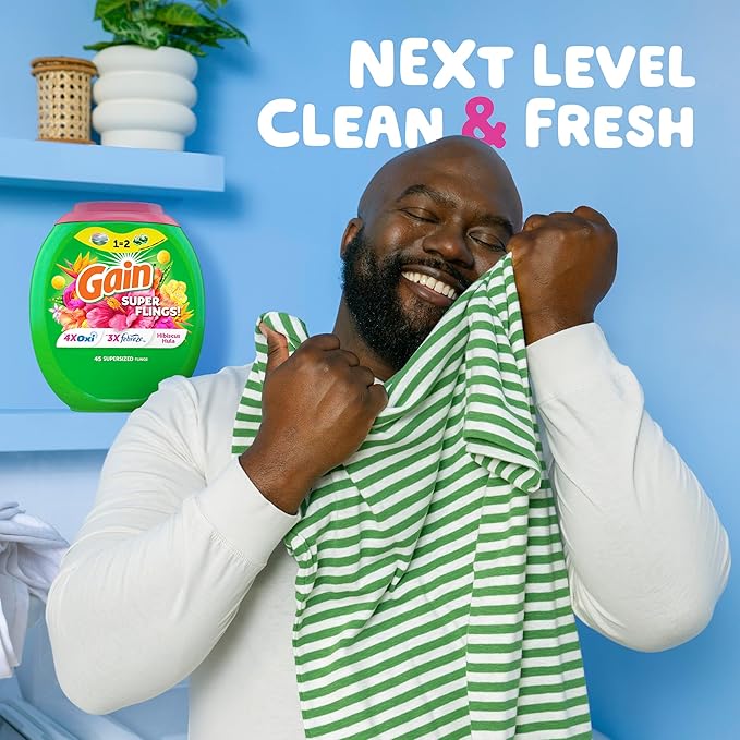 Gain Super Flings Laundry Detergent Pacs, 18 Count, Hibiscus Hula scent, irresistibly clean and fresh washing detergent laundry soap pacs