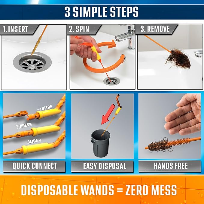 FlexiSnake Drain Weasel Sink Snake Hair Clog Remover Tool, Pipe, Bathroom, Bathtub Cleaner, 18-inch, Made in the USA, 5 Wands and Removable Handle
