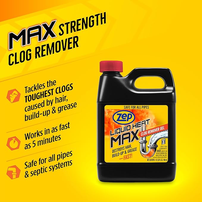 Zep Liquid Heat Max Clog Remover Gel - Destroys Hair, Build-Up & Grease - 32 oz.