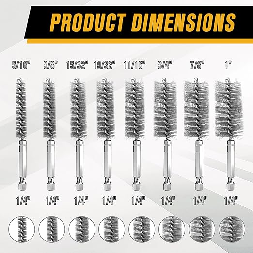 16 Pcs Wire Brush Set for Drills, Stainless Steel and Brass Bore Cleaning Brushes with 1/4" Hex Shank, Compatible with Power Drills, Grinders, and Impact Drivers (8-25mm)