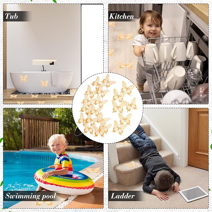 20 Pcs Non Slip Bathtub Stickers Anti Slip Shower Stickers Butterfly Anti Skid Bathtub Decals Adhesive Shower Grips Peel and Stick Treads Applique with Scraper(Gold,Butterfly)