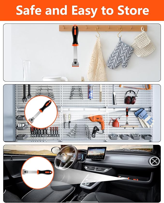 Razor Blade Scraper, Long Handle Scraper Tool with 10 Plastic and 10 Metal Blades - Ideal for Removing Labels, Stickers, Appliance Grease, and More from Windshields, Tint, and Glass (Orange)