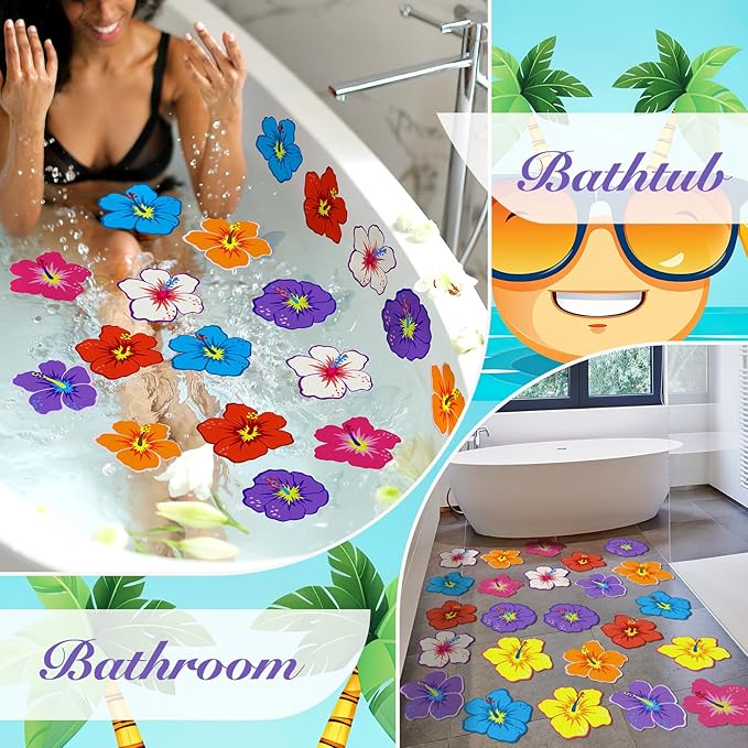 24 Pcs Hawaiian Flowers Non Slip Bathtub Sticker Summer Skidproof Shower Sticker Anti Slip Shower Decal Bathe Treads Adhesive Appliques Scraper Bright Flower Decal for Bathroom Decor