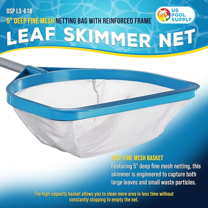 U.S. Pool Supply Pool and Spa Skimmer Net with Pole, 30" Long Handheld Fine Mesh Pool Skimmer Net - Hand Held Spa, Hot Tub, Pond Cleaning - 17" Pole Handle, Deep Leaf Netting, Scoop Skim Leaves