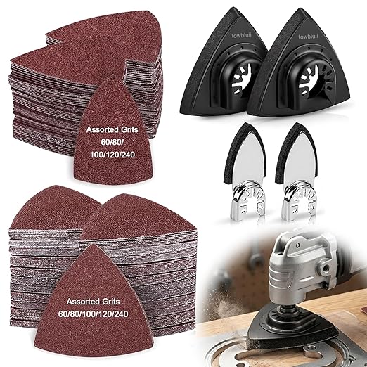 Towbluii Multitool Sanding Pads for Detail Wood Finishing, Multi-Grit Assorted Sandpaper with Triangle & Finger Attachments, Durable Hook and Loop Sanding Sheets for Furniture & Edge Work（105p