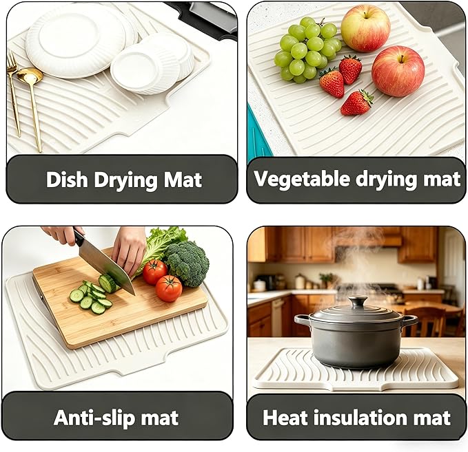 Silicone Dish Drying Mat,Dish Drying Pad,Kitchen Accessories,with Built-In and Non-Slip Drain,Easy Clean, Fit for Kitchen, Bar, RV, Refrigerator and Drawer Liner, 15.7*13 in Off White 1PCS by EBIGIC