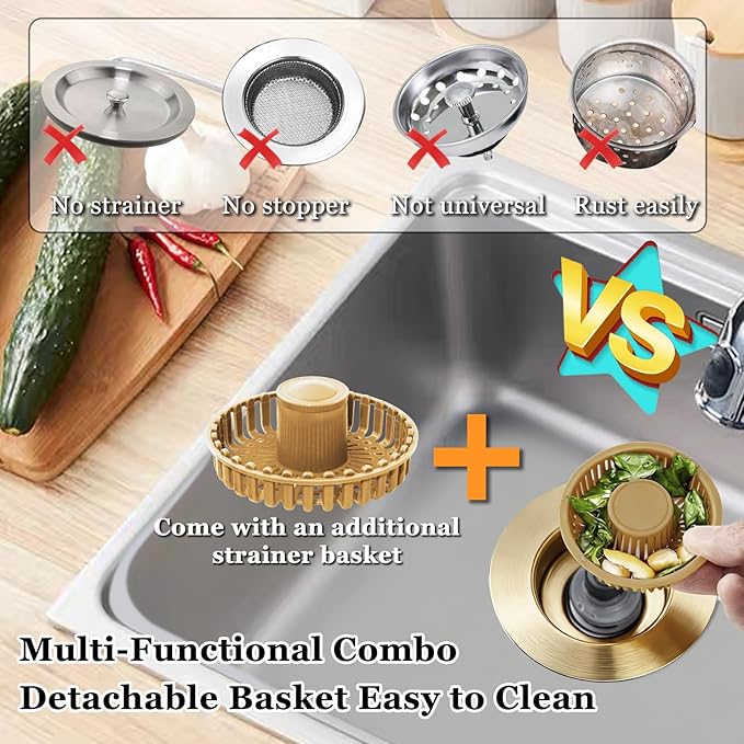 Kitchen Sink Drain Strainer, 3 in 1 Pop up Kitchen Sink Stopper, with an Extra Basket Strainer, for US Standard 3-1/2 Inch Drain, Copper Material, Brushed Gold