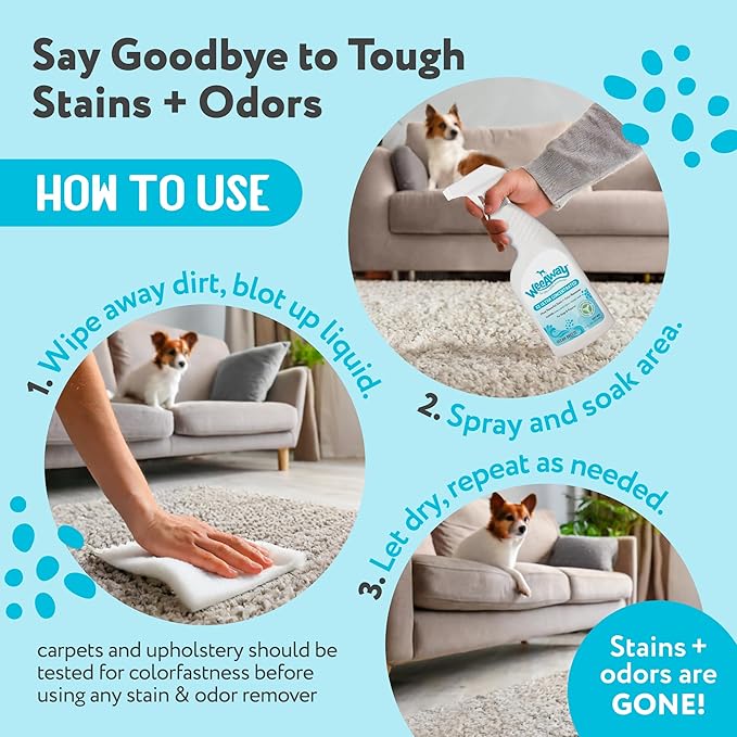 Wee Away X2 Dog Urine Stain & Odor Remover – Double Strength Enzyme Spot Cleaner for Dog Pee, Marking & Odor Removal – Carpet, Furniture & Bedding, Non-Toxic, 16oz