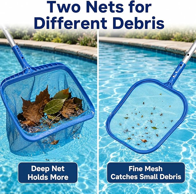 Pool Cleaning Kit Professional Heavy Duty Leaf Skimmer Net, Deep Bag Rake & Wall Scrubber Brush, 4-Piece Pool Cleaning Equipment Set for Above Ground & Inground Pools (Pole Not Included)