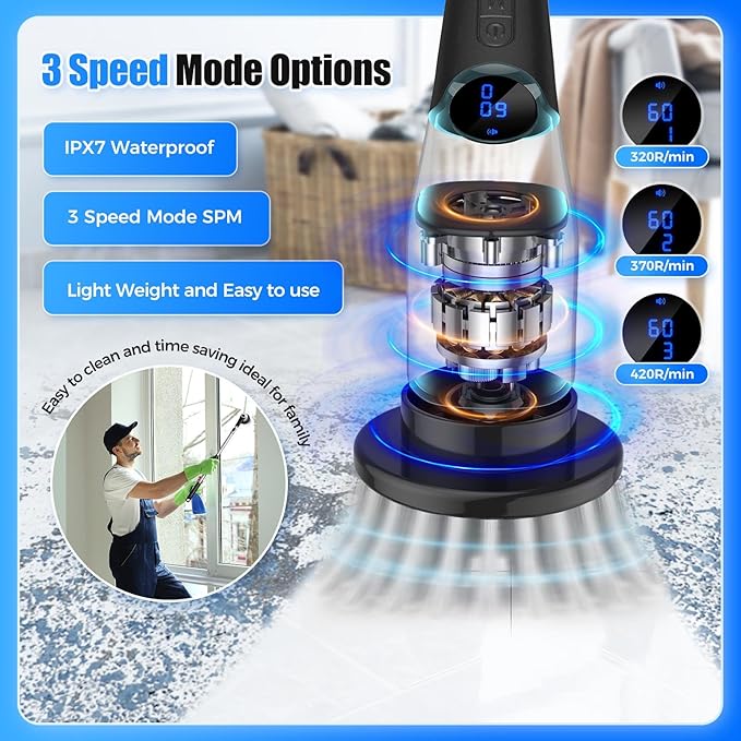 YKYI Cordless Electric Spin Scrubber, Power Cleaning Brush with 8 Replaceable Heads & Extension Handle for Bathroom, Tub, Tile, Floor, Grout, Car