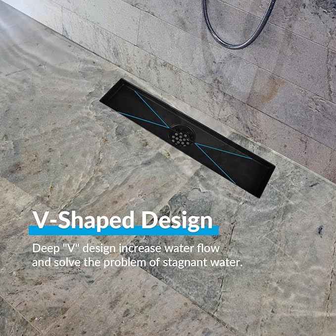 32 Inch Linear Shower Drain Bathroom Kitchen Matte Black Floor Drain Removable Capsule Pattern Cover Accessories Shower Drain 304 Stainless Steel Drain with Hair Strainer Adjustable Leveling Feet
