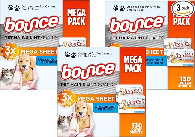 Bounce Pet Hair and Lint Guard Dryer Sheets | Unscented | 130 Count, Pack of 3