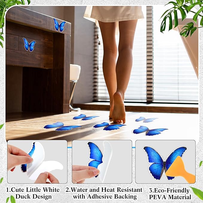 20 Pcs Non Slip Bathtub Stickers Anti Slip Shower Stickers Butterfly Anti Skid Bathtub Decals Adhesive Shower Grips Peel and Stick Treads Applique with Scraper(Blue,Butterfly)