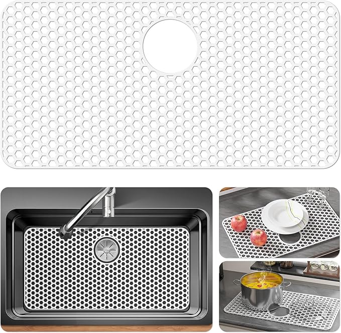 Silicone Sink Protectors for Kitchen Sink with Rear Drain - 28.3"x 15.7" Kitchen Protector Accessory, Non-Slip Heat Resistan Mat for Bottom of Farmhouse Stainless Steel Porcelain (White)