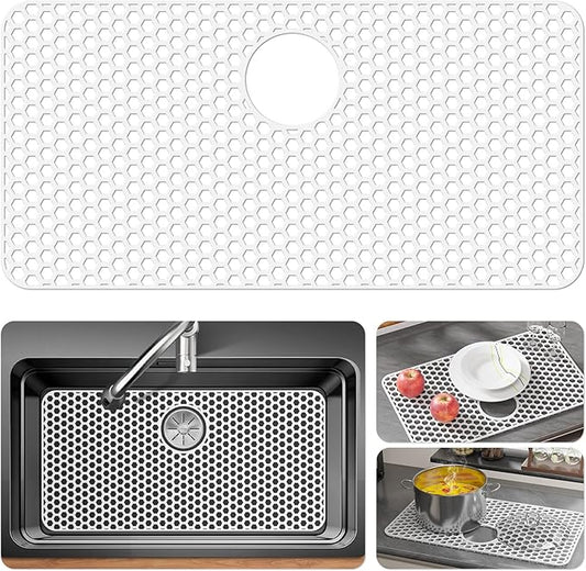 Silicone Sink Protectors for Kitchen Sink with Rear Drain - 28.3"x 15.7" Kitchen Protector Accessory, Non-Slip Heat Resistan Mat for Bottom of Farmhouse Stainless Steel Porcelain (White)