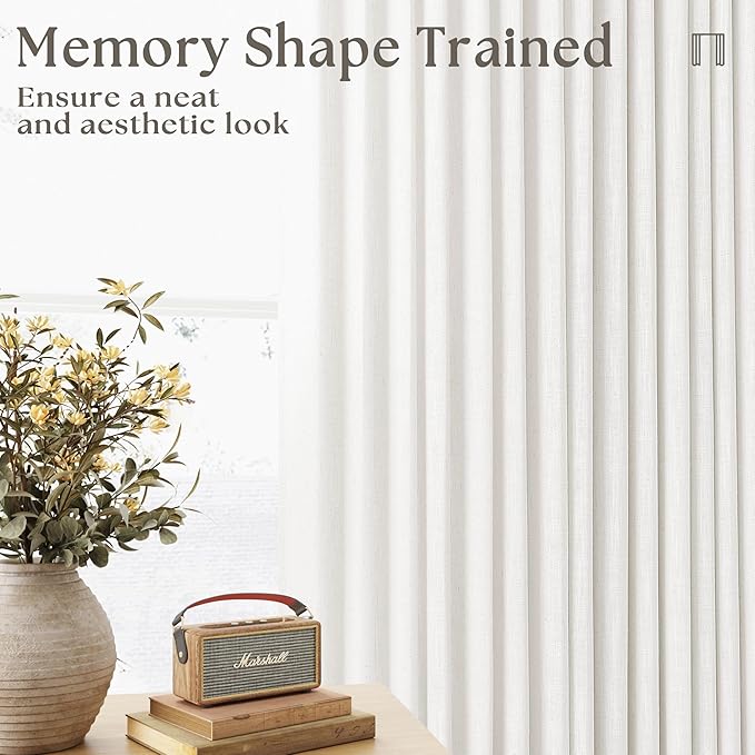 Beige White Pinch Pleated Linen Curtains 132 Inches Long 2 Panels for Living Room Bedroom Memory Training Shaped Semi Sheer Pleat Drapes with Hooks Rings Light Filtering Window Curtain 40x132