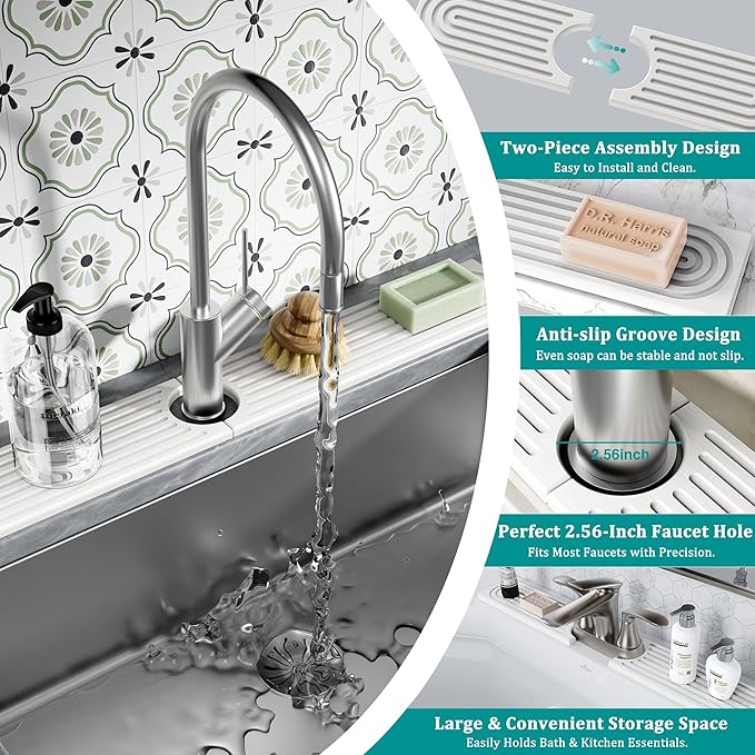 Stone Faucet Mat for Kitchen Sink - Quick Dry Diatomite Sink Splash Guard, Prevents Moisture Buildup & Water Stains, Water Absorbing Stone Tray for Bathroom Countertop (White, 23.6" x 4")