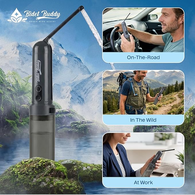 BIDET BUDDY® GoFlow Portable Bidet for Travel - 180ml Bottle with Two Power Modes, Nozzle Wand, IPX6 Waterproof, USB C Charging, 800mAh Rechargeable Battery, Medium Pressure