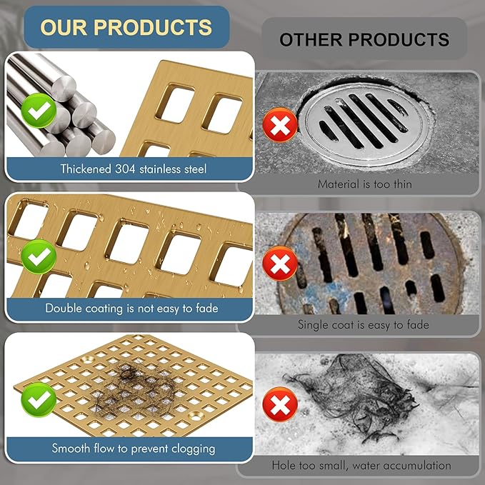 3-7/8" Champagne Bronze Shower Drain Cover - Square Floor Drain Cover Replacement - Hair Catcher/Drain Strainer for Bathrooms, Showers, and Sinks - SUS304 Stainless Steel & CUPC Certified