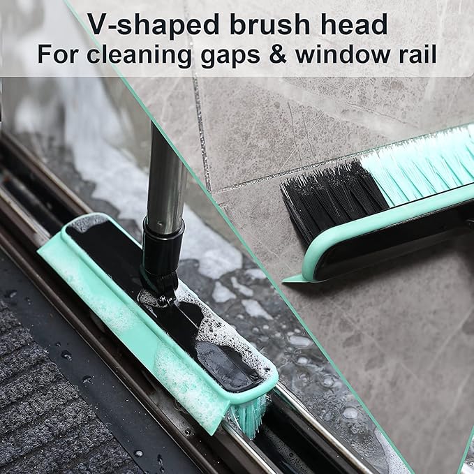 Grout Cleaner Brush with Long Handle, V-Shaped Floor Scrub Brush Swivel Grout Brush Stiff Bristle Floor Grout Scrubber for Bathroom, Tile Line, Crevice, Kitchen, Wall, Deck, Garage (Green)