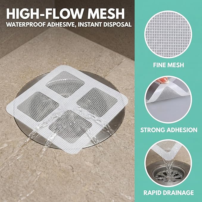 Disposable Shower Drain Hair Catcher, 50 Pack Adhesive Mesh Drain Covers for Shower, Bathtub, Bathroom Sink & Laundry – Peel and Stick Drain Strainer, Waterproof, Fast Drainage, Prevents Hair Clogs