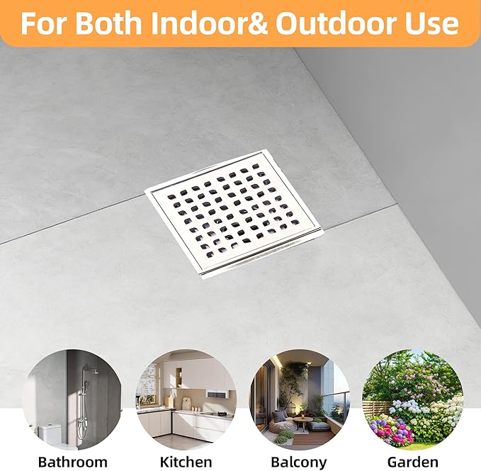 6-Inch Square Shower Drain with Bonding Flange - Durable Stainless Steel Shower Drain Flange Kit for Quick Drainage, Easy Installation, Ideal for Bathroom & Wet Area Renovations