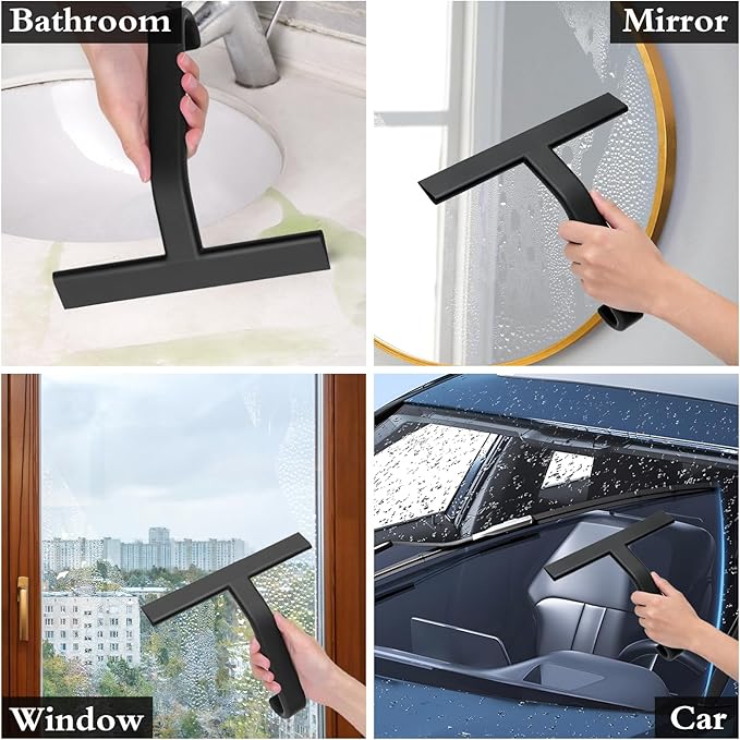 Shower Squeegee for Glass Doors - Squeegee for Shower Glass - All-One-Piece Silicone Cleaner with Built-in Hook for Bathroom, Glass, Mirror, Tile, Car & Kitchen (Black)