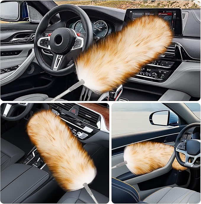 Lambswool Duster with Extension Pole up to 88.58 in, Natural Feather Dusters Long Handle Stainless Steel, Fluffy Feather Duster for Cleaning High Floor Ceiling Fans, Window Blinds Shelves, Furniture