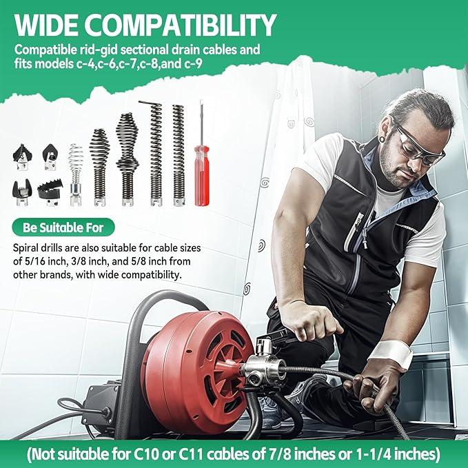 10-Piece Drain Cleaning Kit Fit for RIDGID Sectional Cables – Heavy Duty Cutters & Augers Fit for K-400, C-4, C-6, C-7, C-8, C-9 Machines, Compatible with 5/16", 3/8" & 5/8" Cables