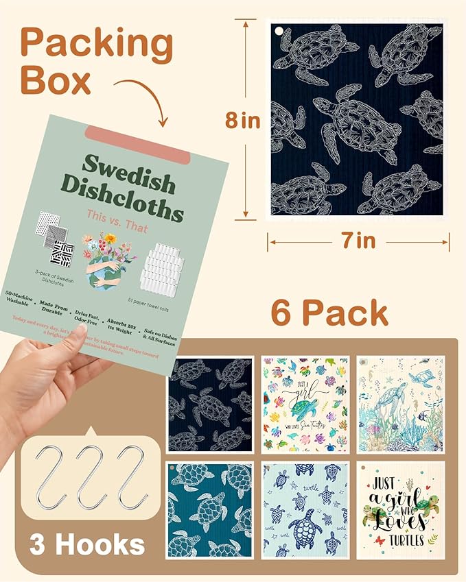 Miss Adola Kitchen Swedish Dishcloths with Hooks - 6 Pack Reusable Dish Cloths for Washing Dishes Fast Drying Cute Fun Swedish Dish Towels Washable Cleaning Sponge, Blue Turtle