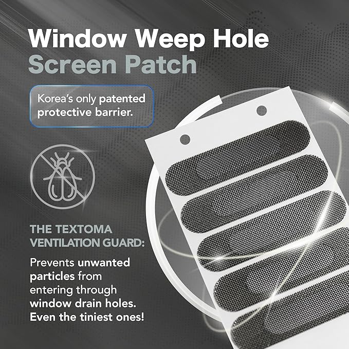 Window Weep Hole Screen Patch, Black Polyester Mesh — Strong Adhesive, Quick Drainage, Durable Fine Mesh Cover (2.6" x 0.63", 20 Piece)