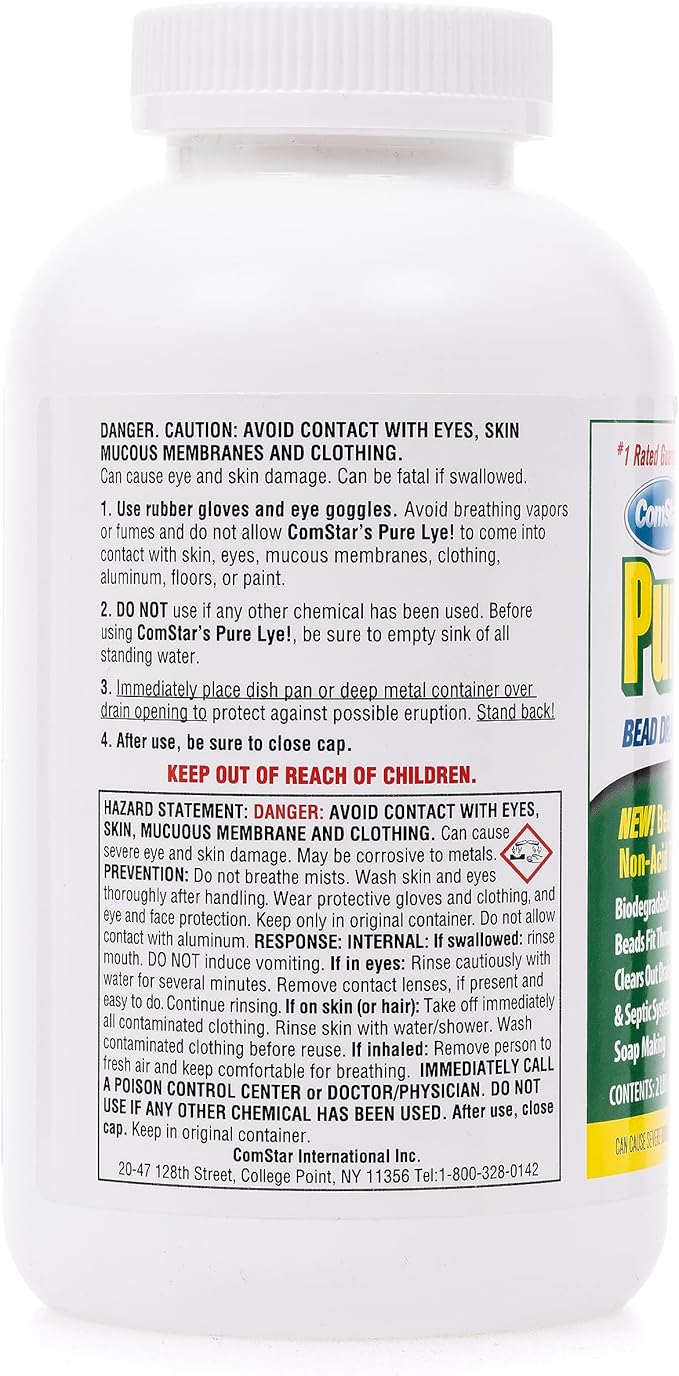 ComStar Pure Lye 2 lb - Unique Sodium Hydroxide Beads | Drain Opener & Soap Making | Biodegradable, Eco-Friendly (30-504)