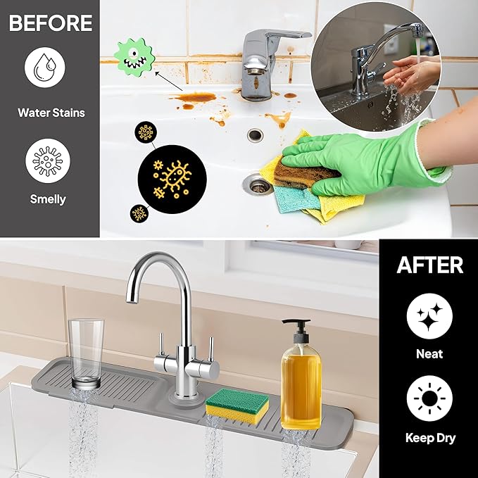 24 Inch Silicone Faucet Mat for Kitchen Sink Splash Guard & Draining Tray Sink Protector with Soap & Sponge Holder Grey (Purest Peak)